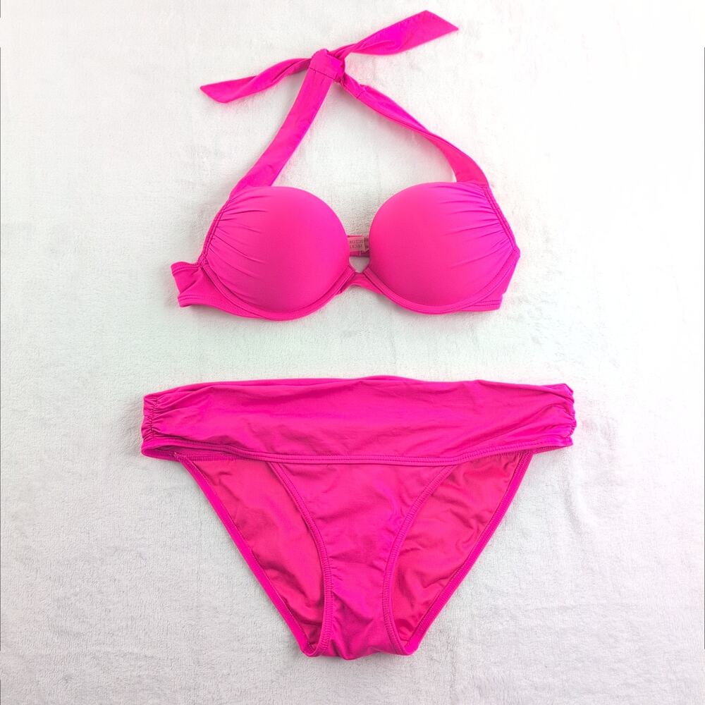 Victoria's Secret Push Up Hot Pink Bikini Women's Top 34B Bottom Med